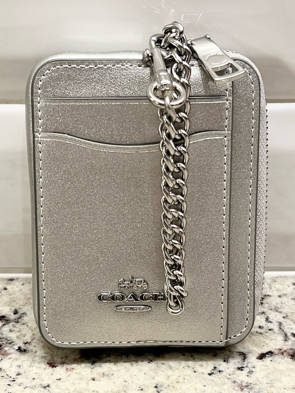 Coach Metallic Silver Zippered Card Holder with Metal Strap NWOT